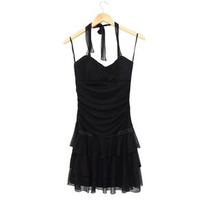Ruby Rox Black‎ Halter Ruched Mesh Ruffle Tiered Dress Size M Y2K Whimsigoth